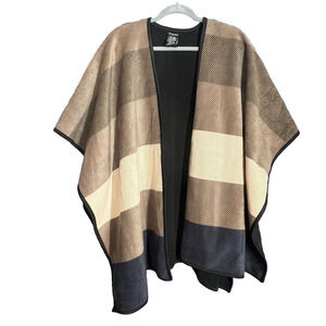 Ike Behar Reversible Caplet Poncho Womens One Size Tan Stripe Open Front Fleece